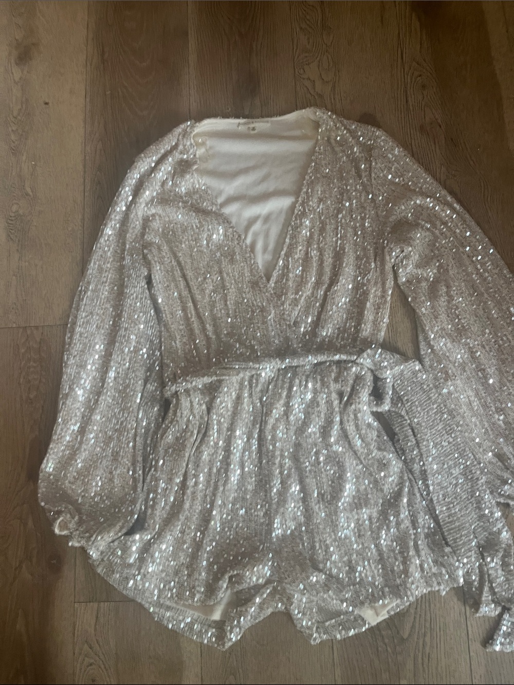 Silver Sequin Long-Sleeve Romper with Tie Waist